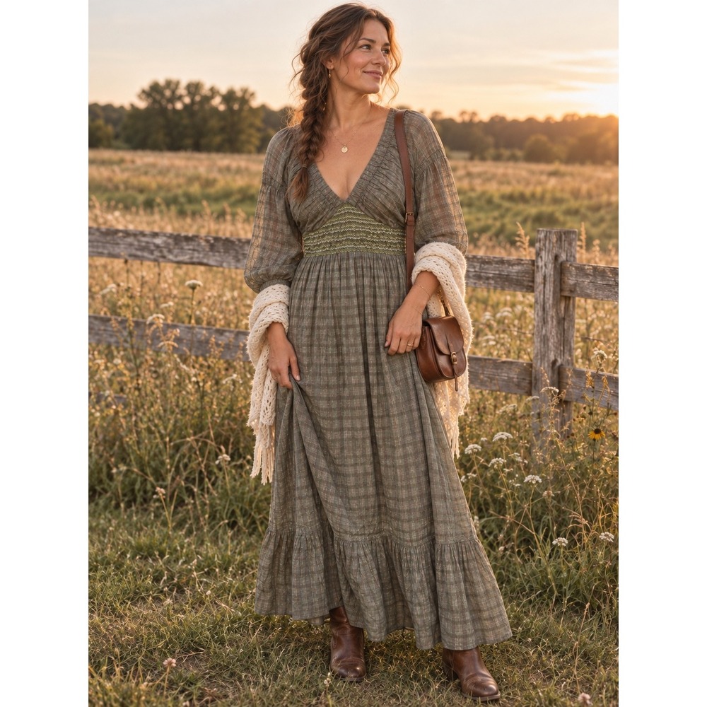 Free People Golden Hour Olive Green Plaid Maxi Dress M